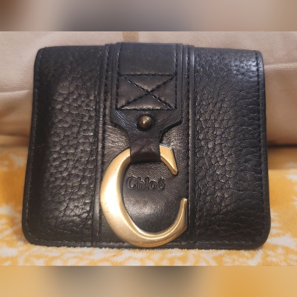 Chloe Handbags - Chloé Black Trifold Leather Wallet with Gold Accent "C" Logo Dangle